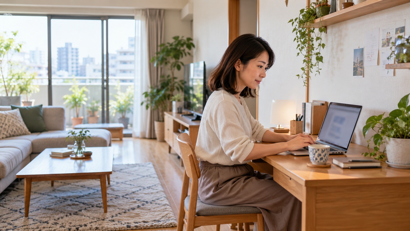 自宅のデスクでテレワークをする日本人