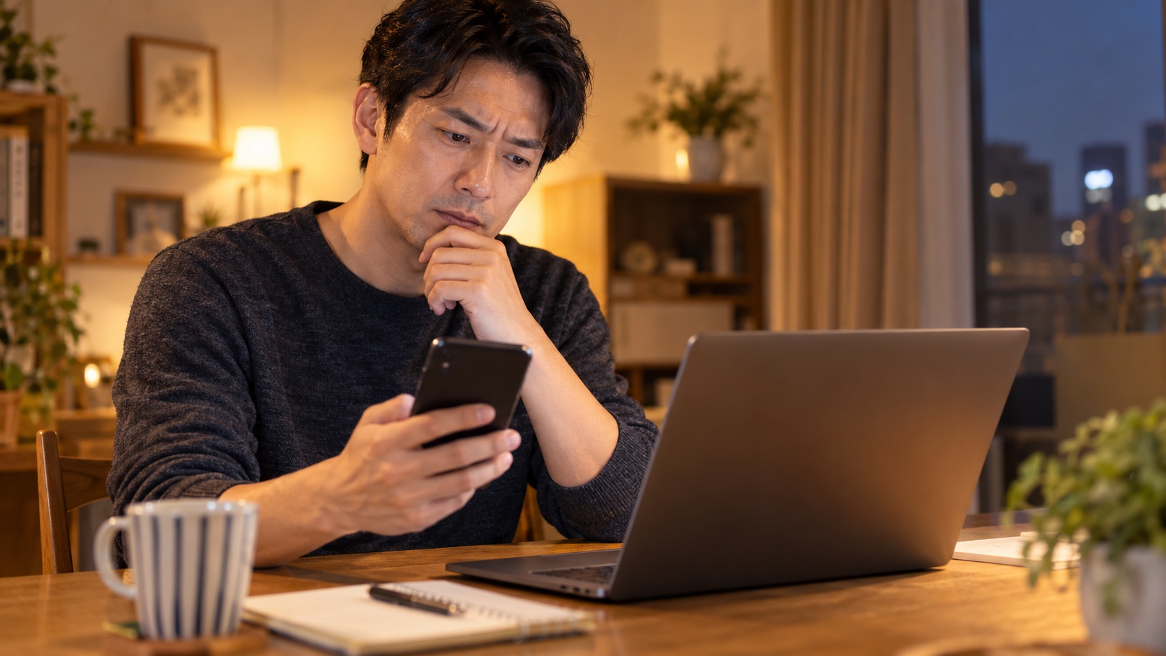 求人情報を見比べて考える日本人の男性