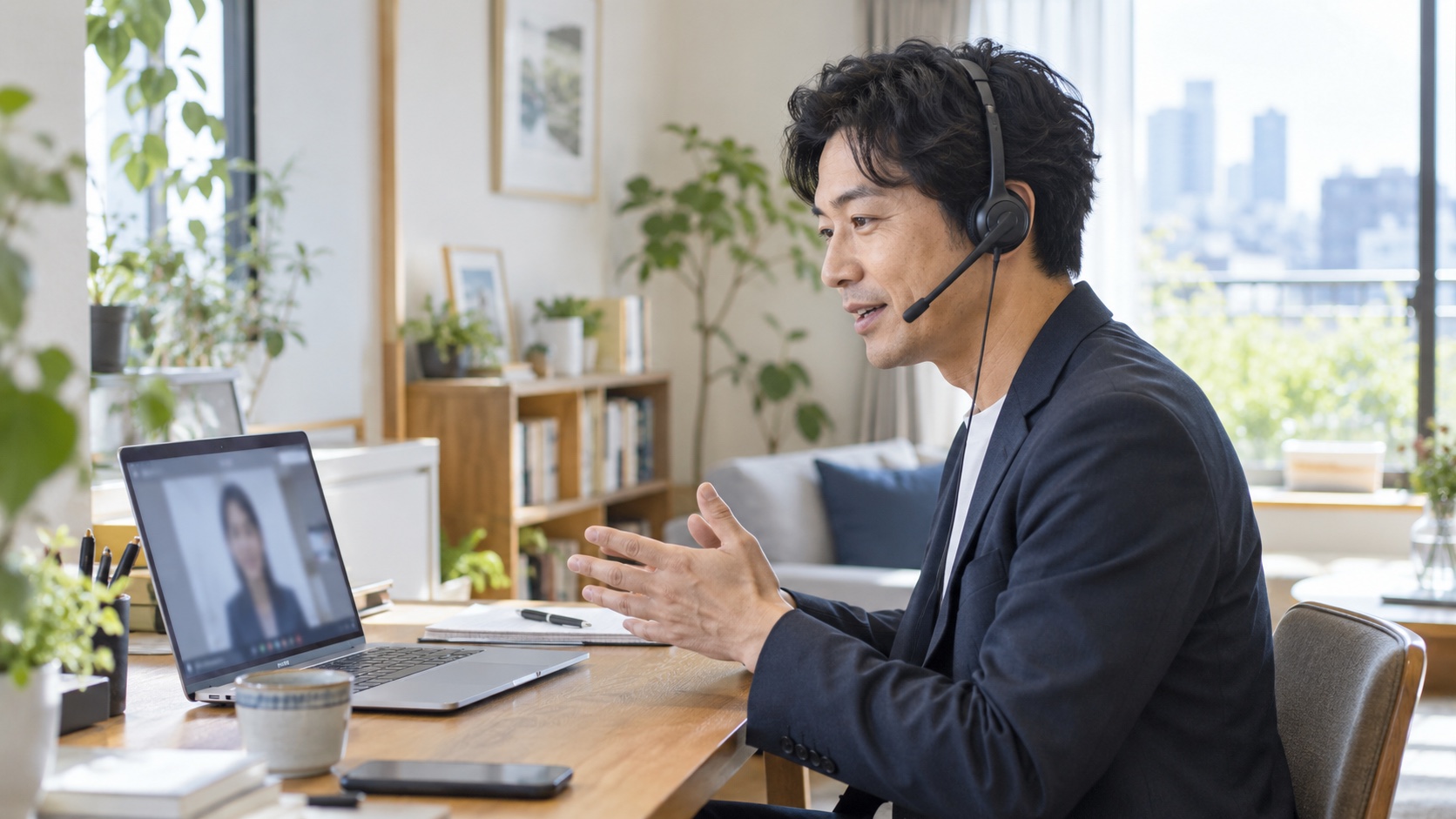 ヘッドセットでオンライン商談をする日本人