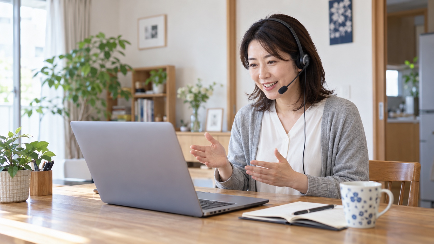 ヘッドセットで顧客対応をする日本人の女性