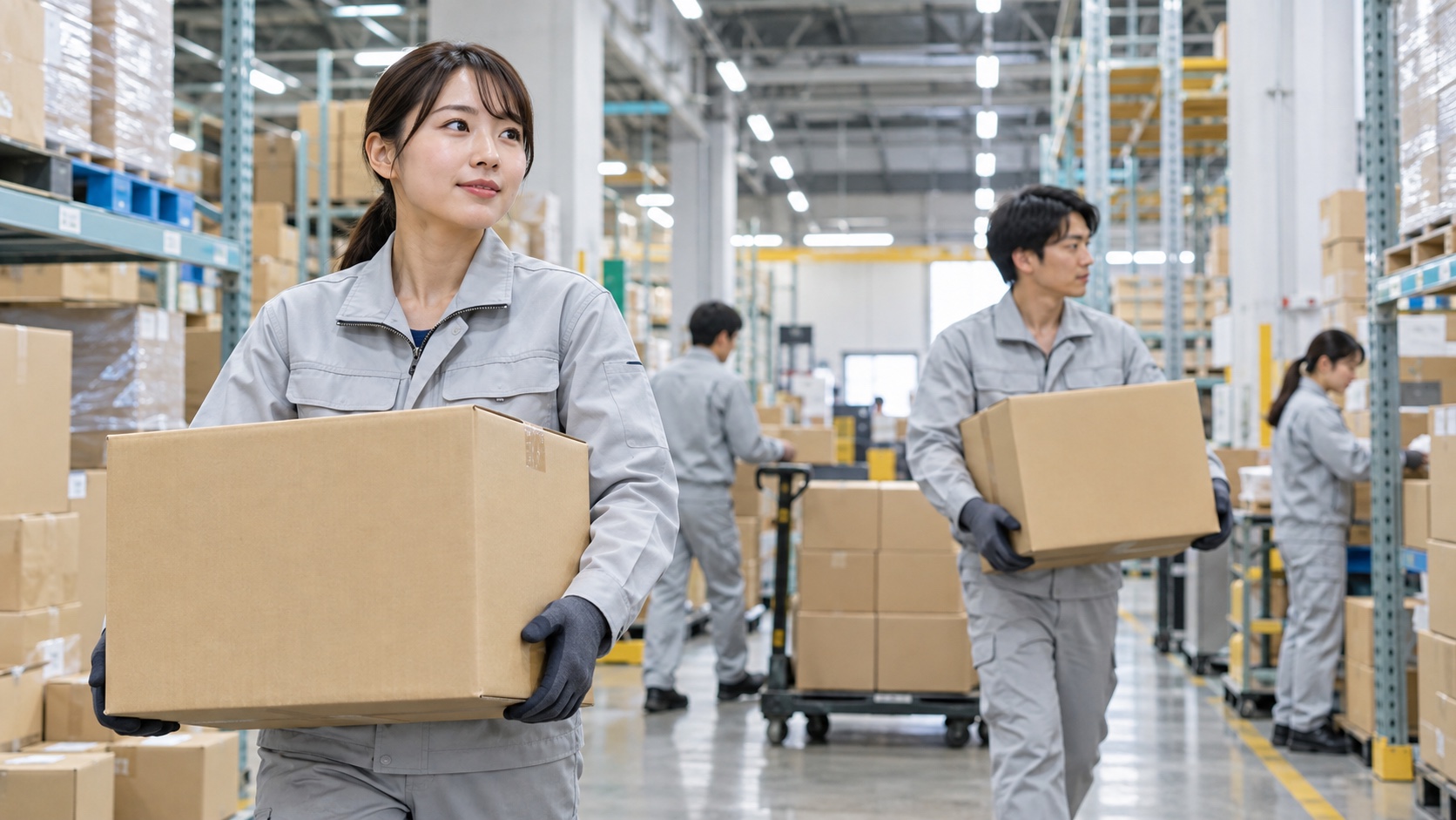 物流倉庫で働く日本人の作業員
