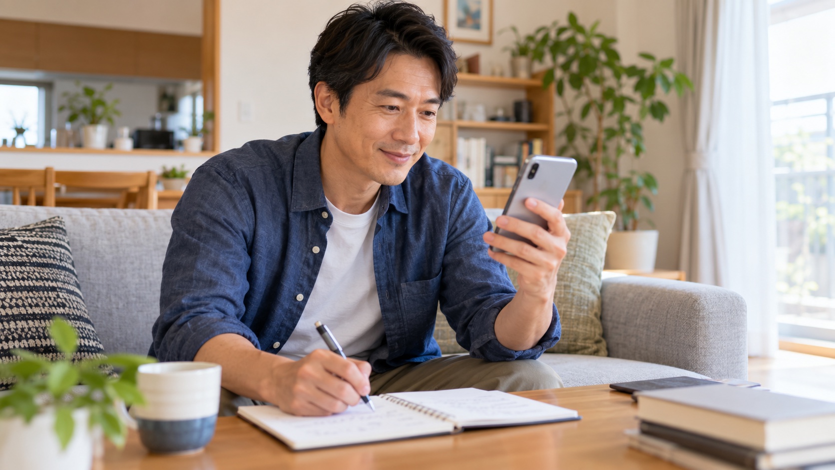スマホで在宅の求人を探す40代の日本人男性