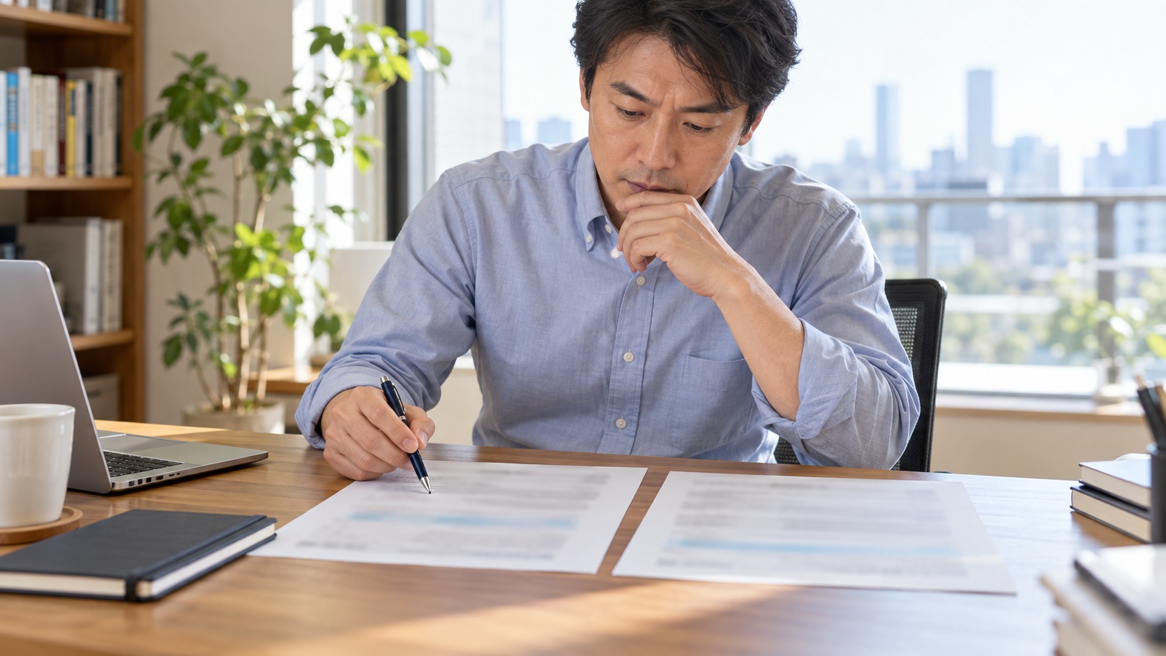 2社の労働条件の書類を並べて比べる様子