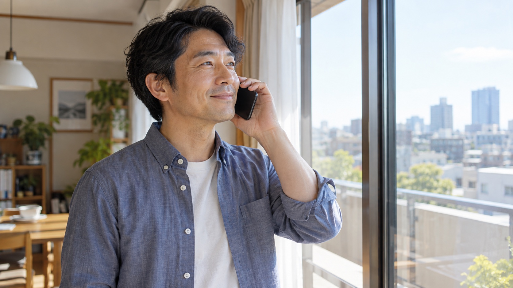 電話で承諾の連絡をする日本人男性
