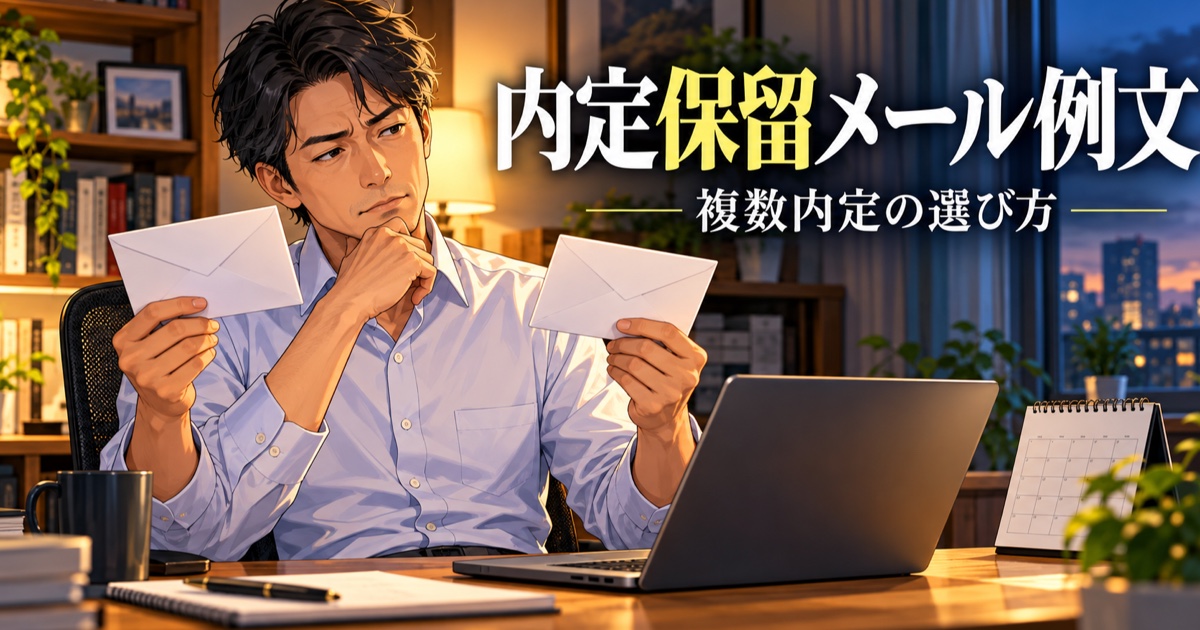 2通の内定通知を前に考える日本人男性のイメージ
