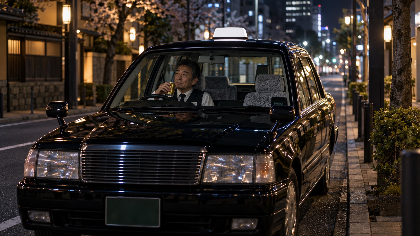 深夜にタクシーの車内で休憩する運転手