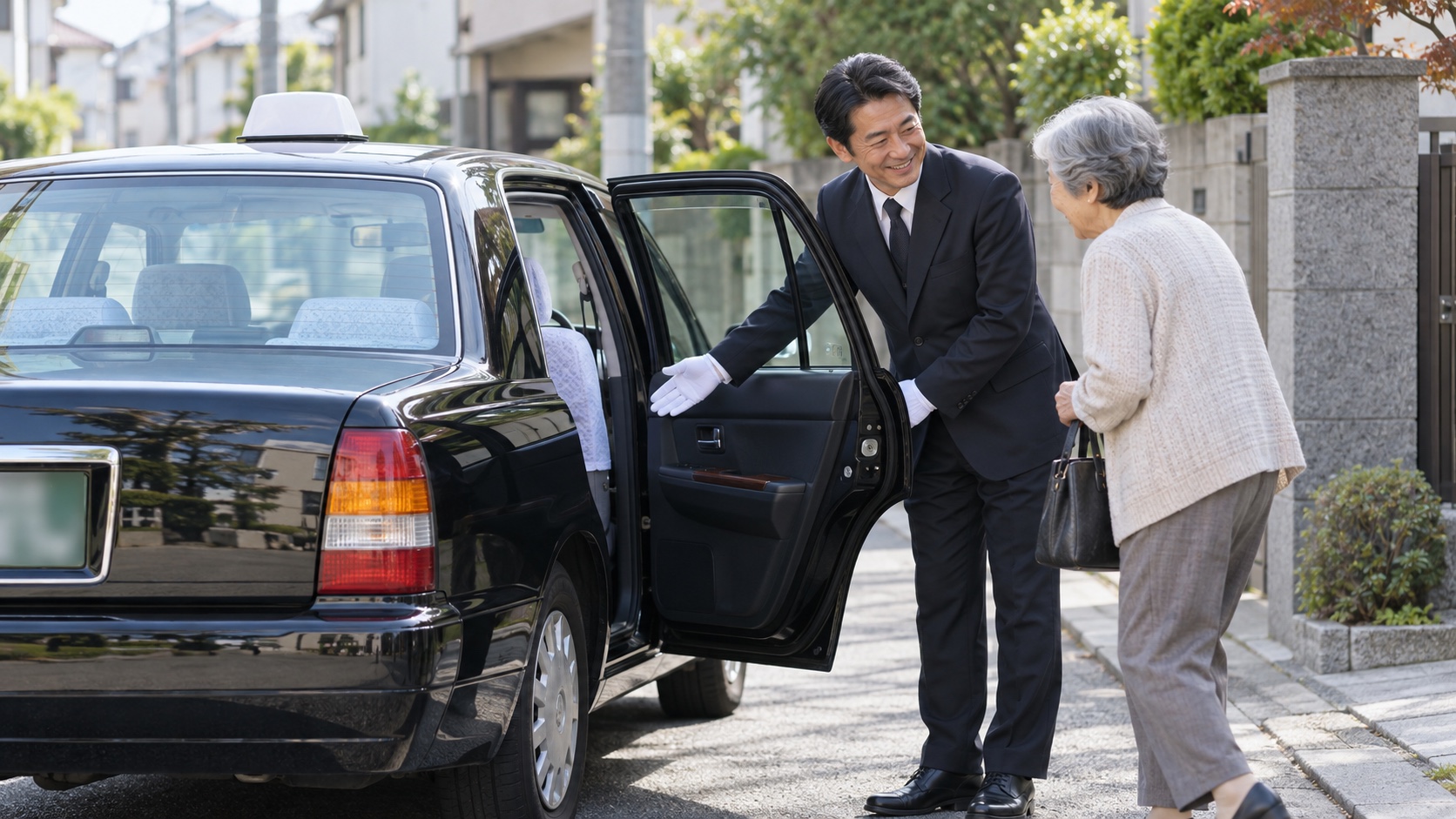 笑顔で乗客を迎えるタクシー運転手