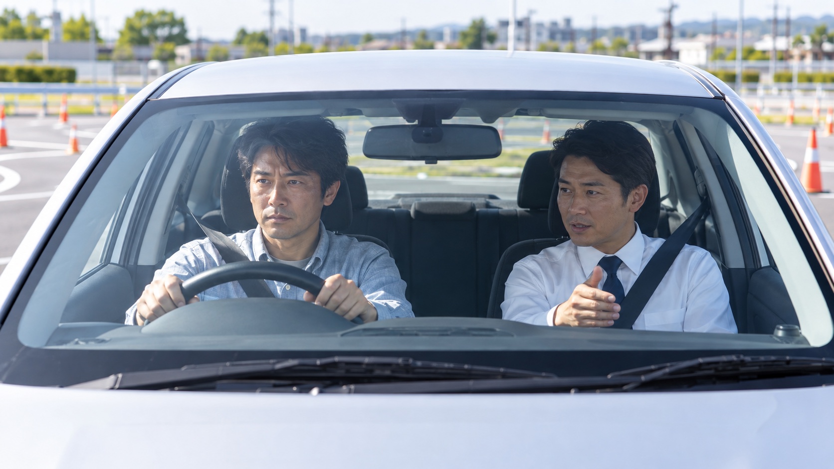教習車で二種免許の練習をする日本人男性