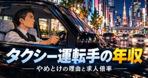 夜の日本の街でタクシーを運転する40代男性のイメージ