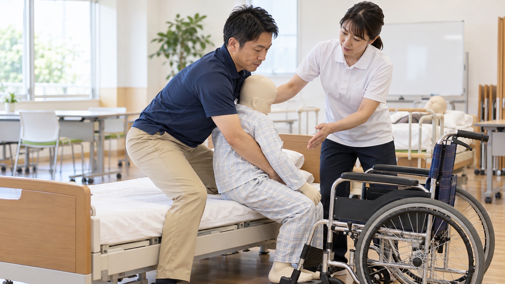 介護の研修で実習をする日本人
