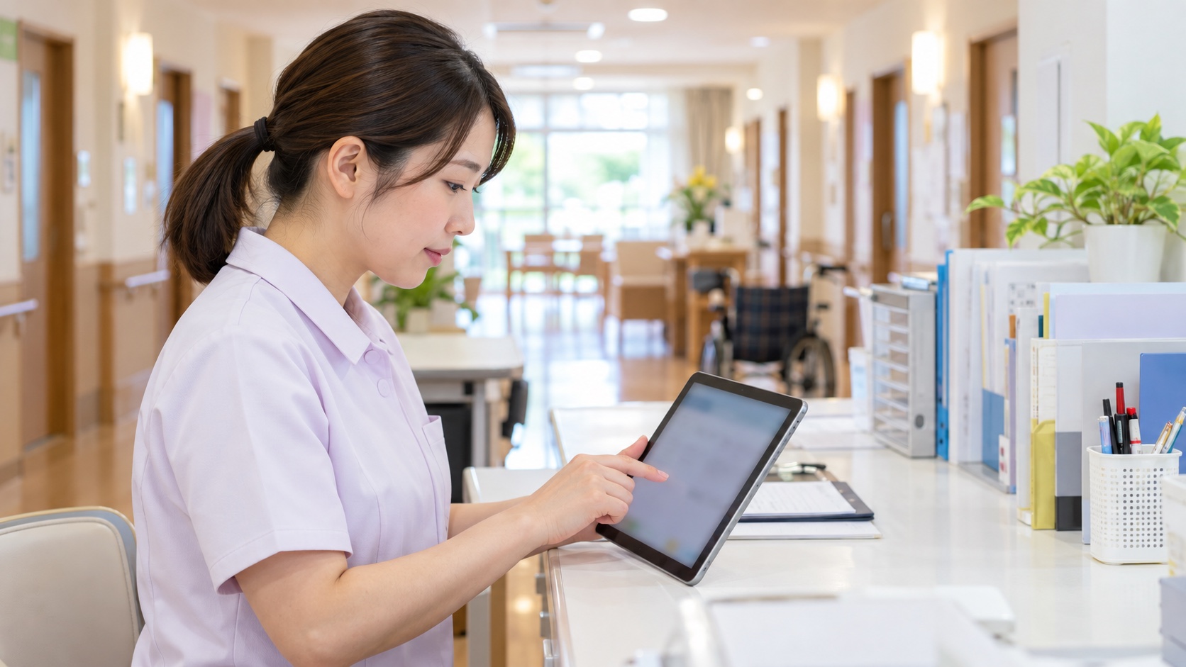 タブレットで介護記録をつける職員