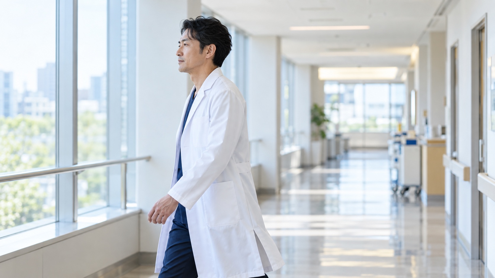 病院の廊下を歩く日本人の医師
