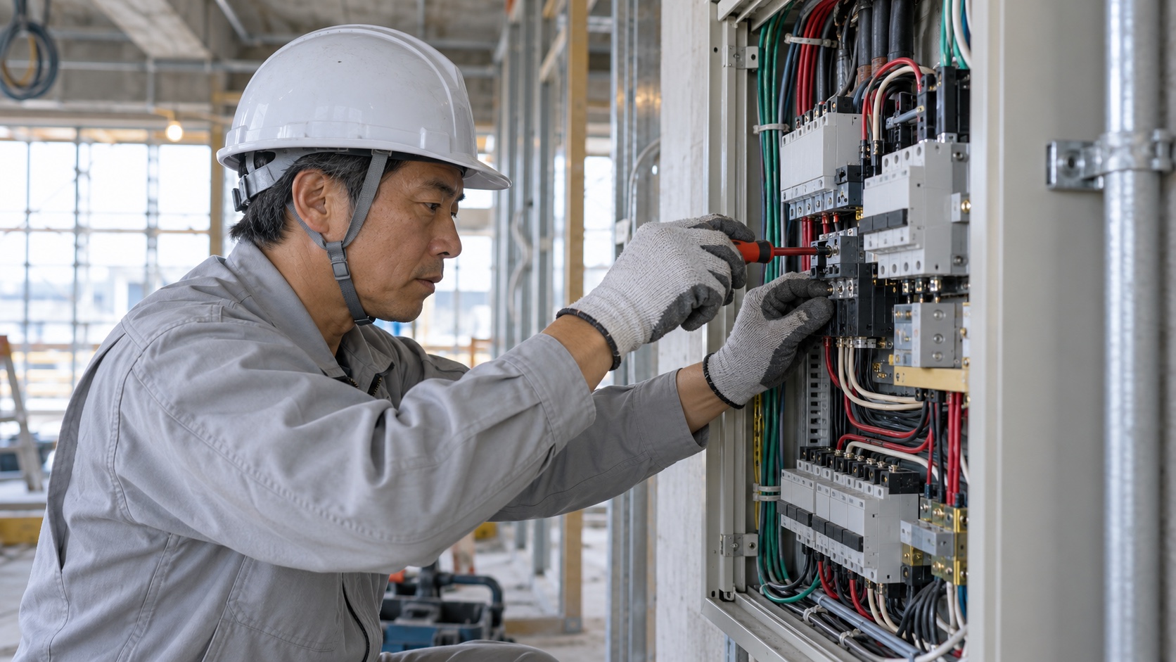 電気工事の作業をする日本人の職人