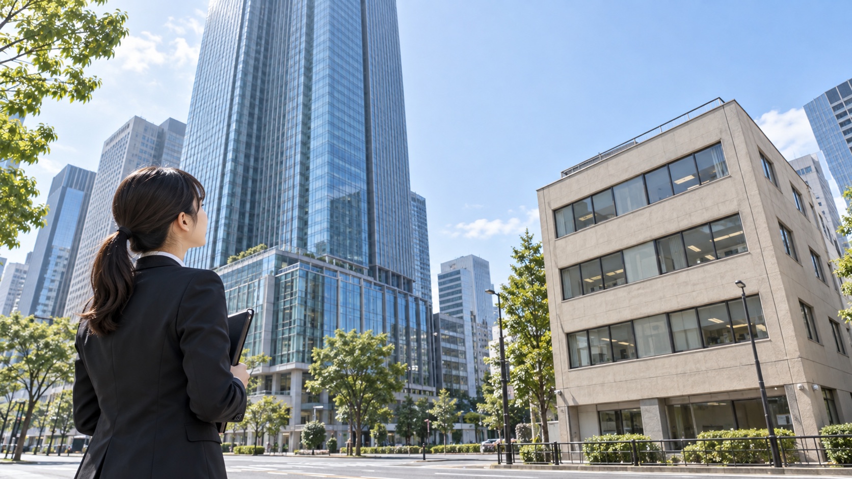 オフィス街で大小のビルを見比べる日本人の就活生