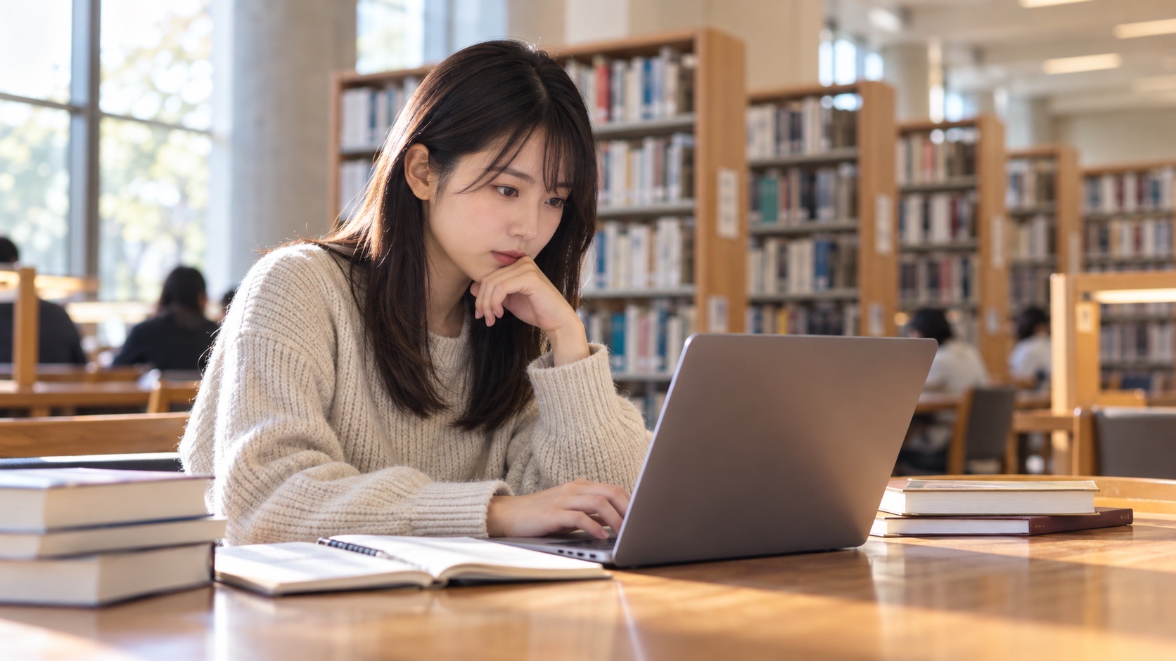 大学図書館でノートパソコンを使って調べものをする日本人の大学生