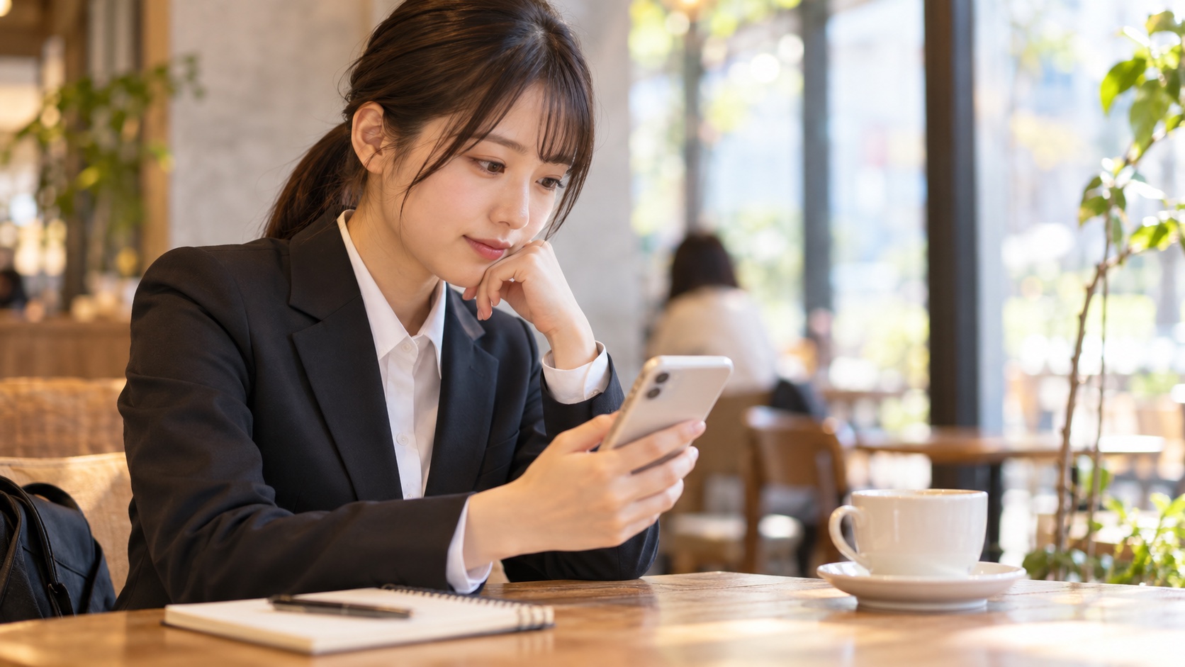 スマートフォンで説明会の予約を確認する日本人の就活生