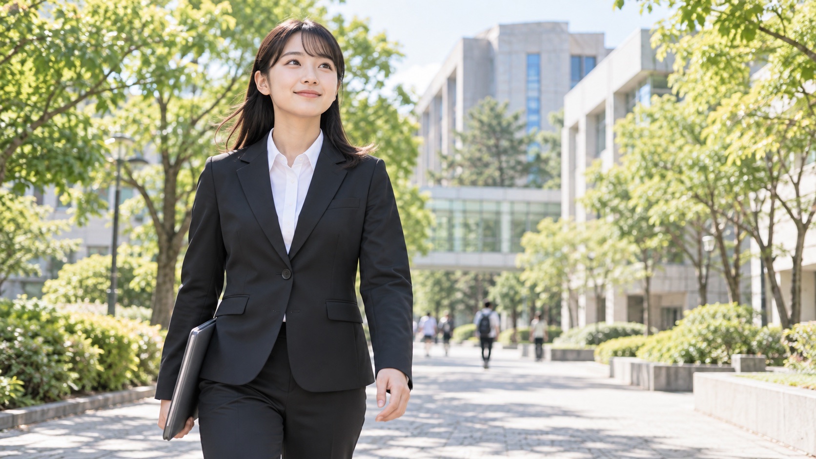 明るいキャンパスを前向きな表情で歩く日本人の就活生