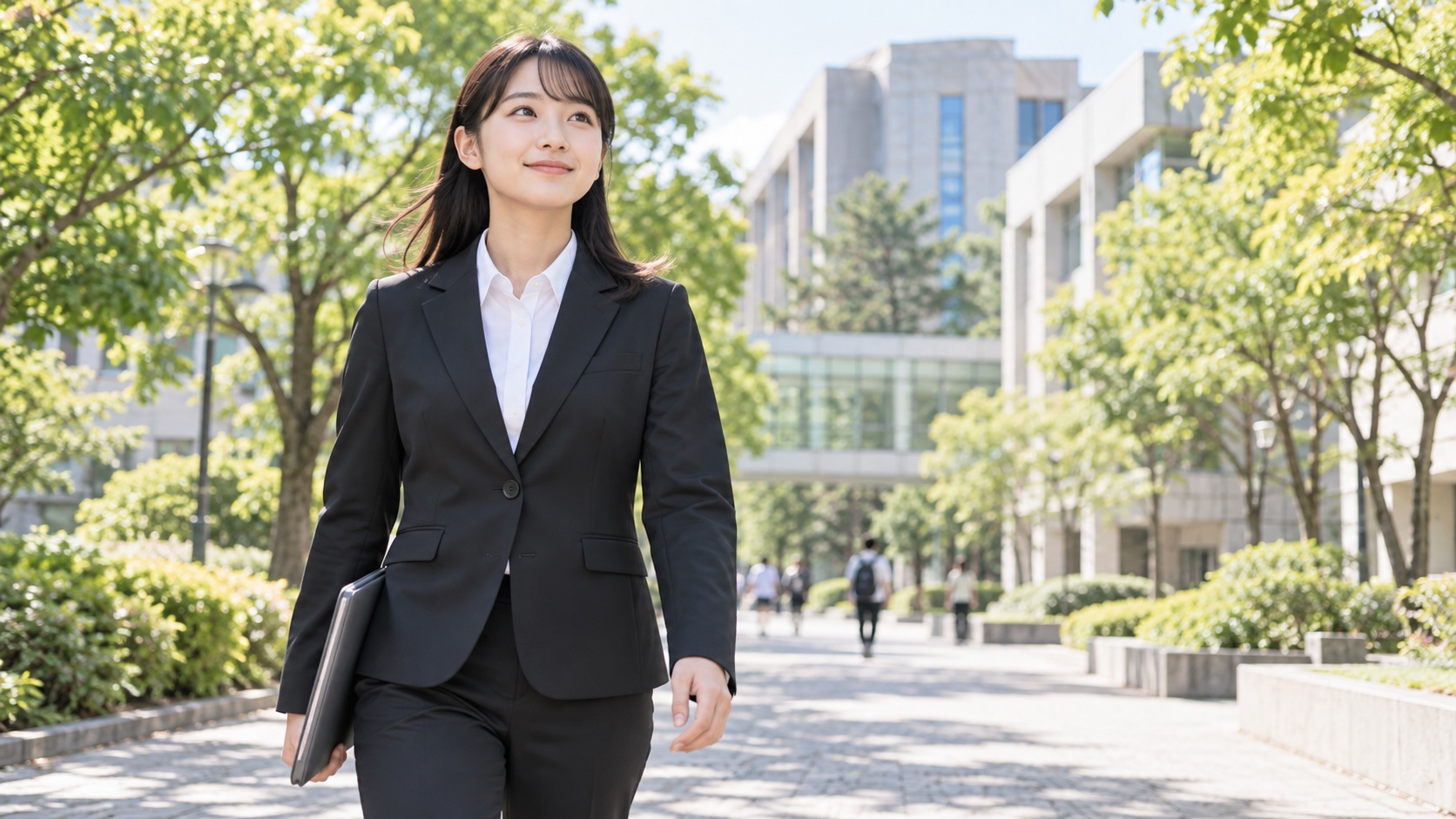 明るいキャンパスを前向きな表情で歩く日本人の就活生