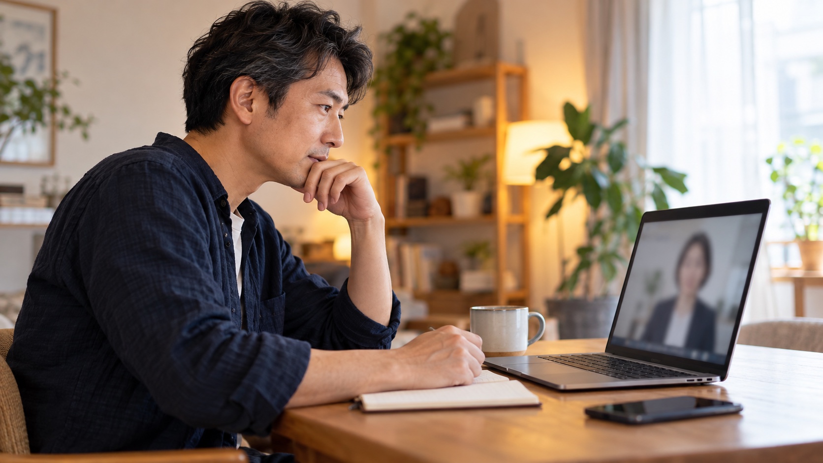 自宅でノートパソコンのオンライン面談を受ける40代の日本人男性