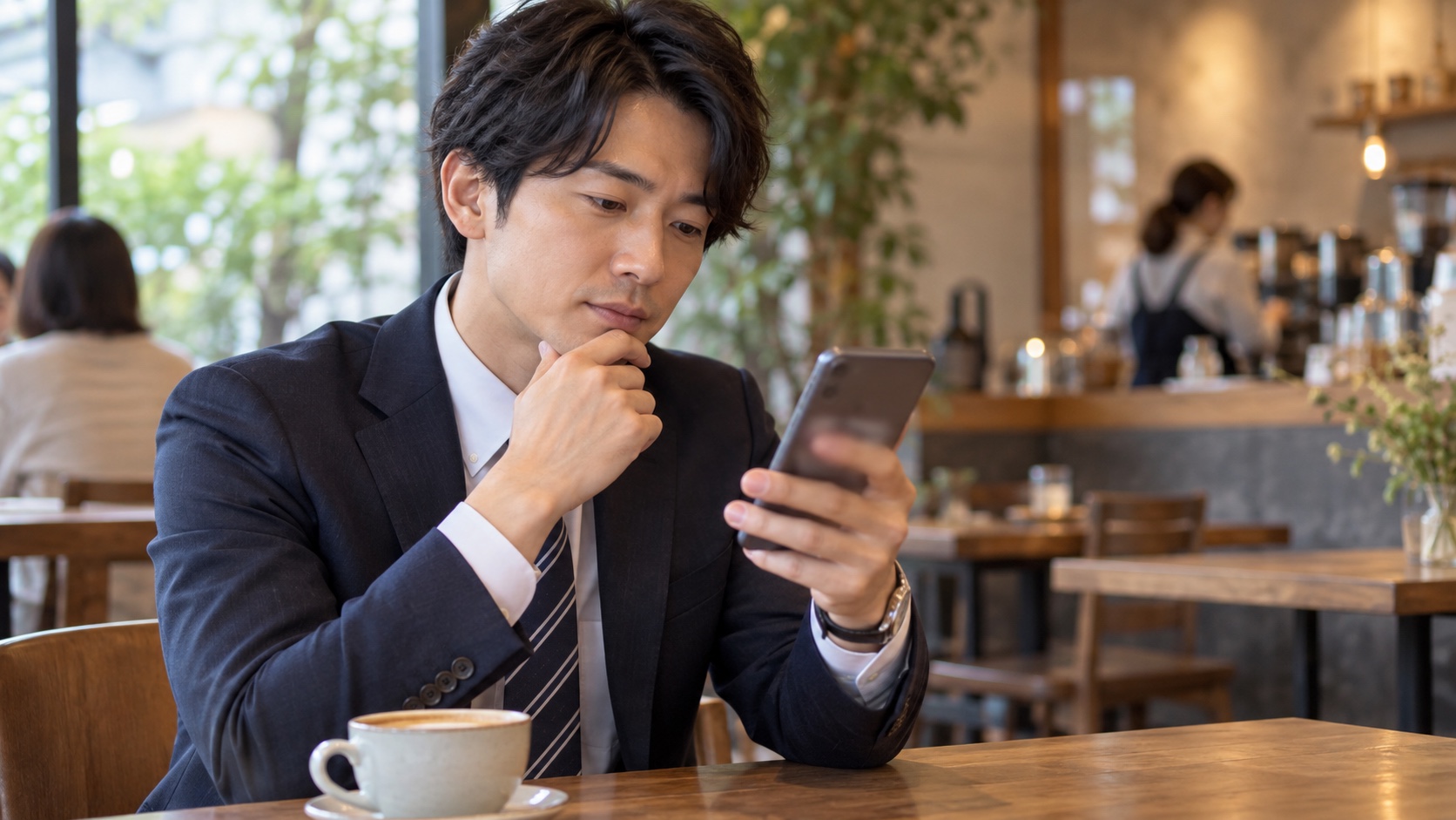 カフェでスマホの口コミを読む日本人の会社員