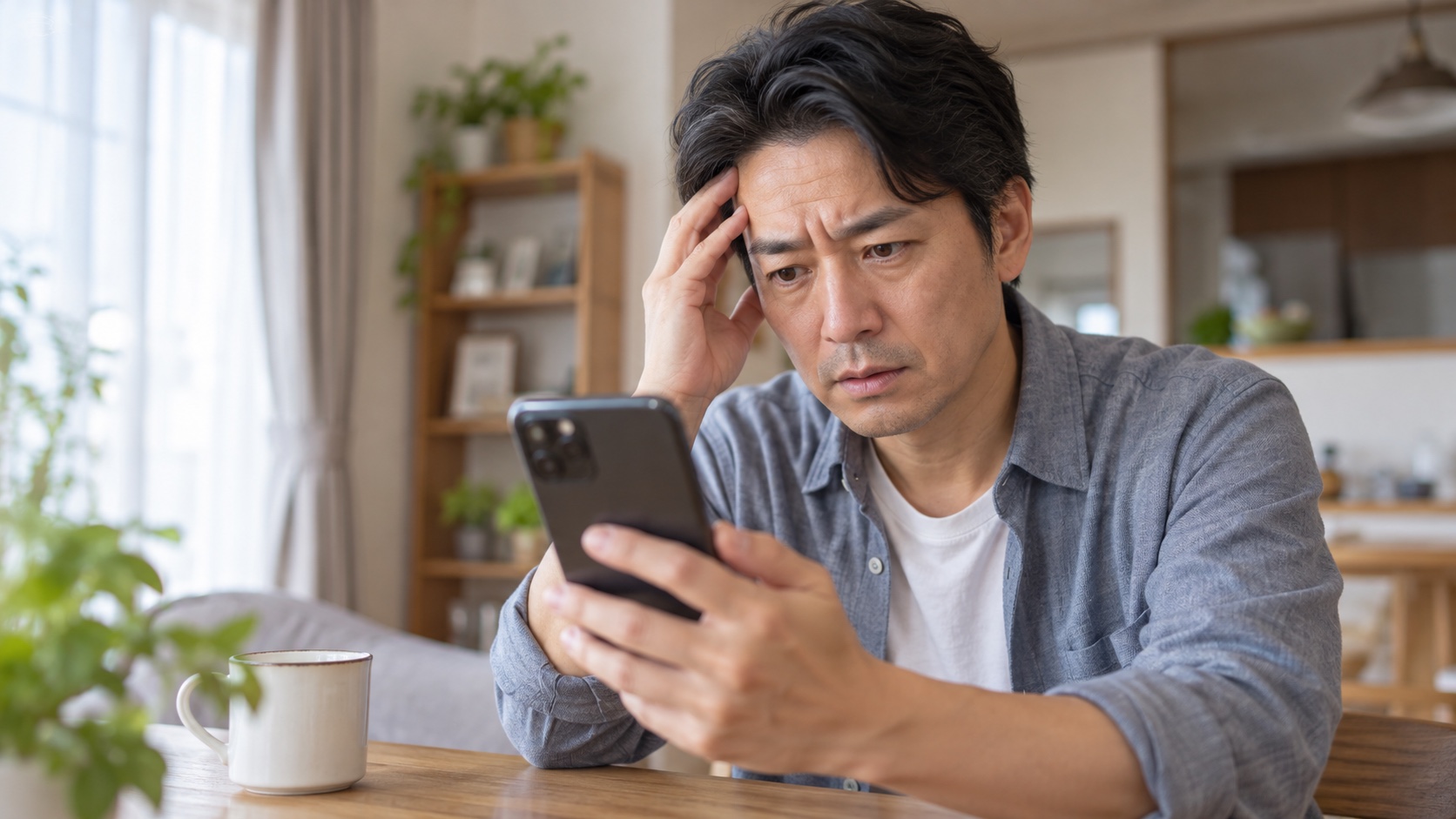 大量のメール通知が並ぶスマホを見て困った表情の日本人男性