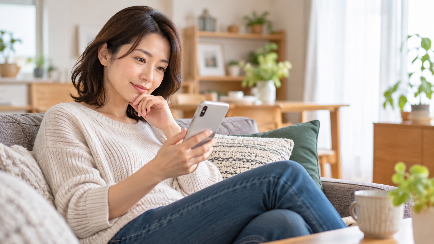 自宅のソファでスマホの口コミを読む日本人女性