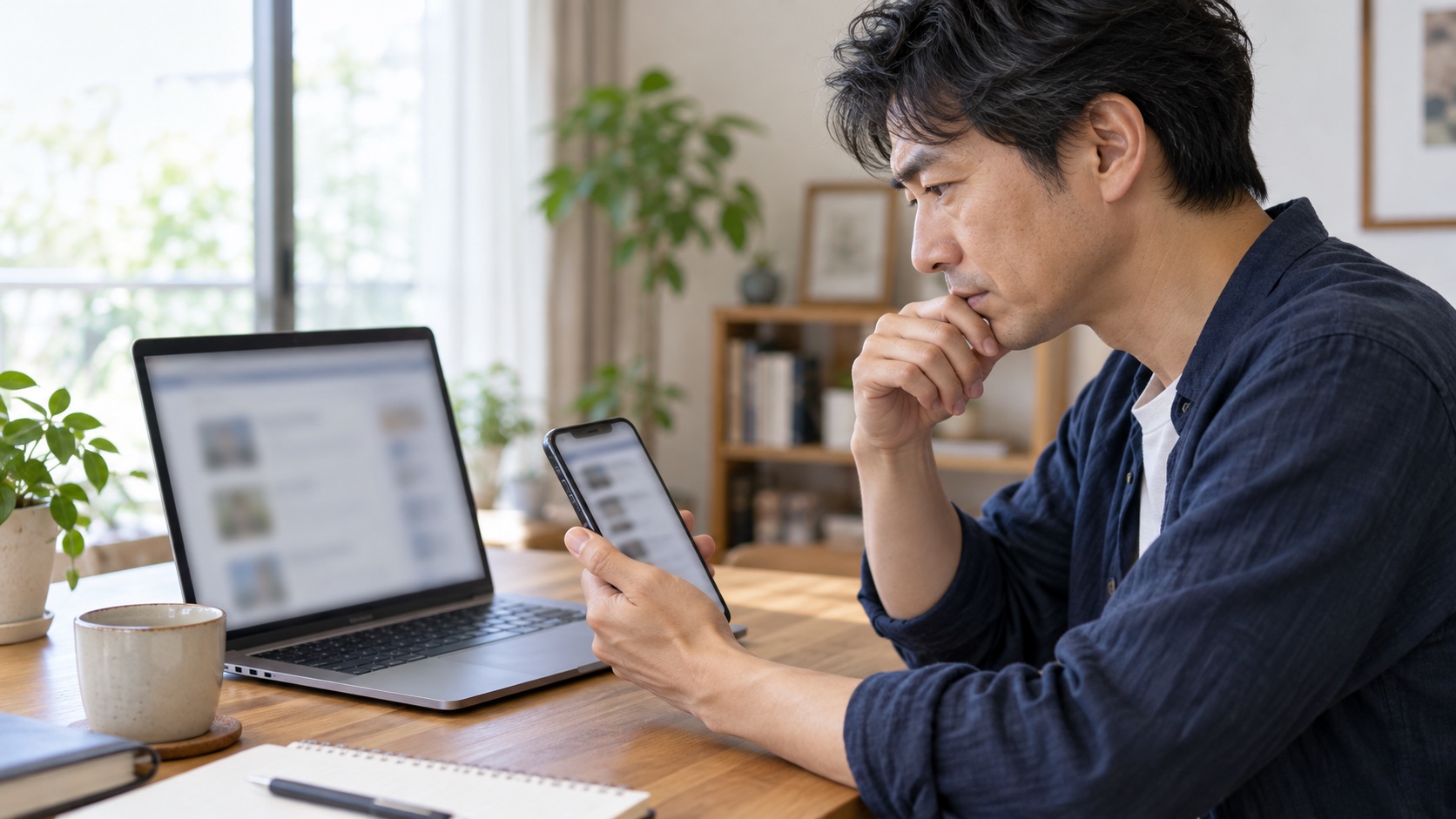 自宅でノートパソコンとスマホの求人を見比べる40代の日本人男性