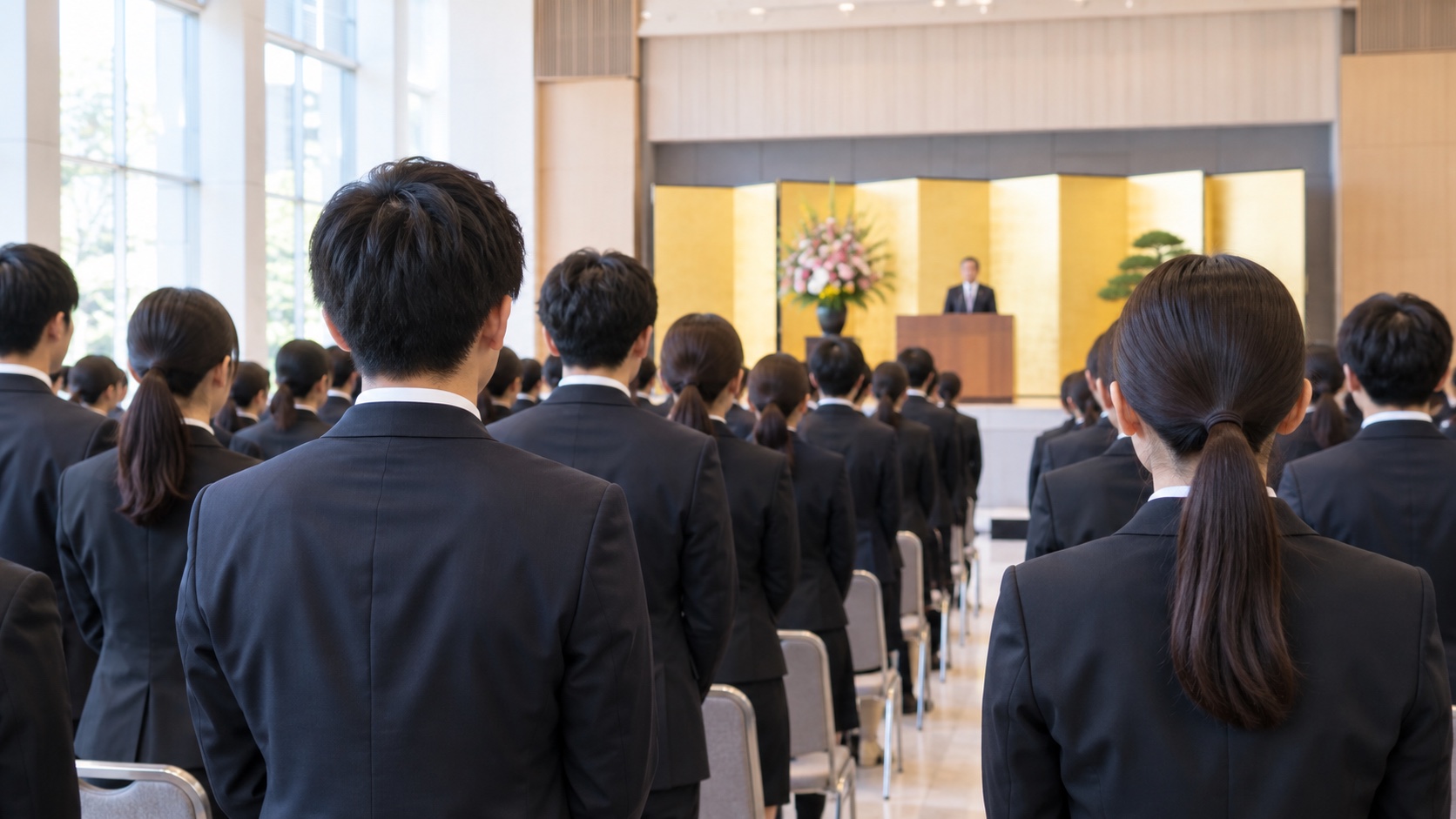 入社式で列に並ぶ日本人の新入社員