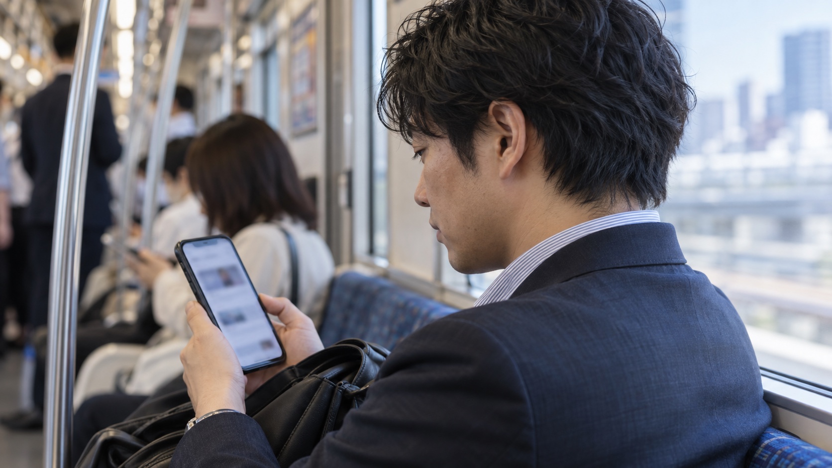 電車内でスマートフォンのニュースを読む日本人会社員