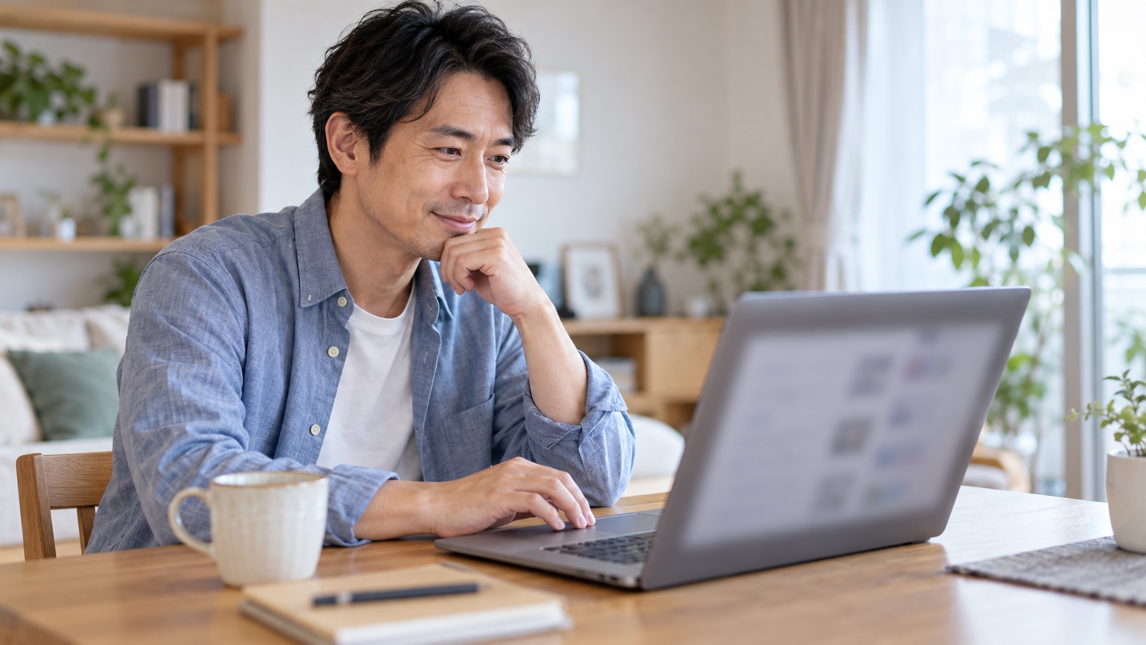 自宅でノートパソコンから求人を探す日本人男性