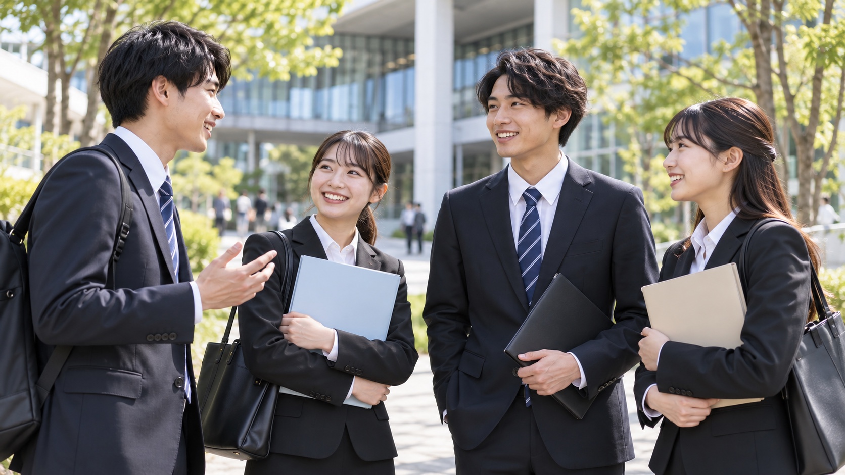 大学キャンパスで話す日本人の就活生