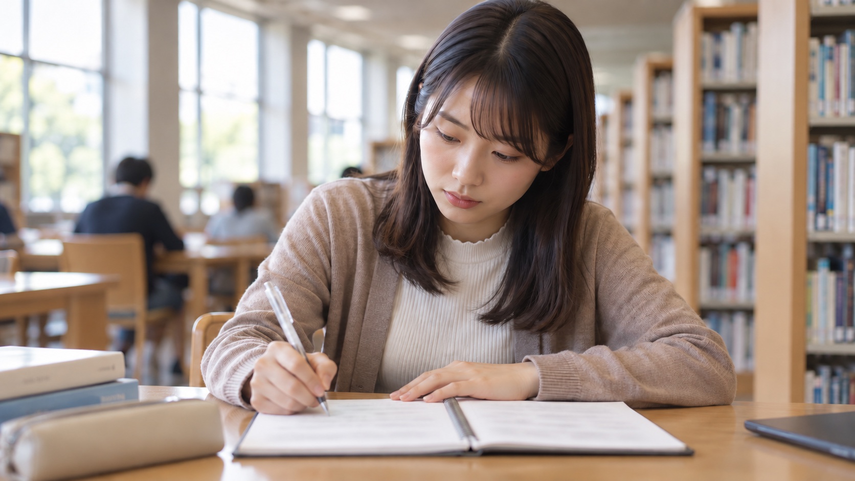 大学図書館でノートに予定を書き込む日本人の大学生