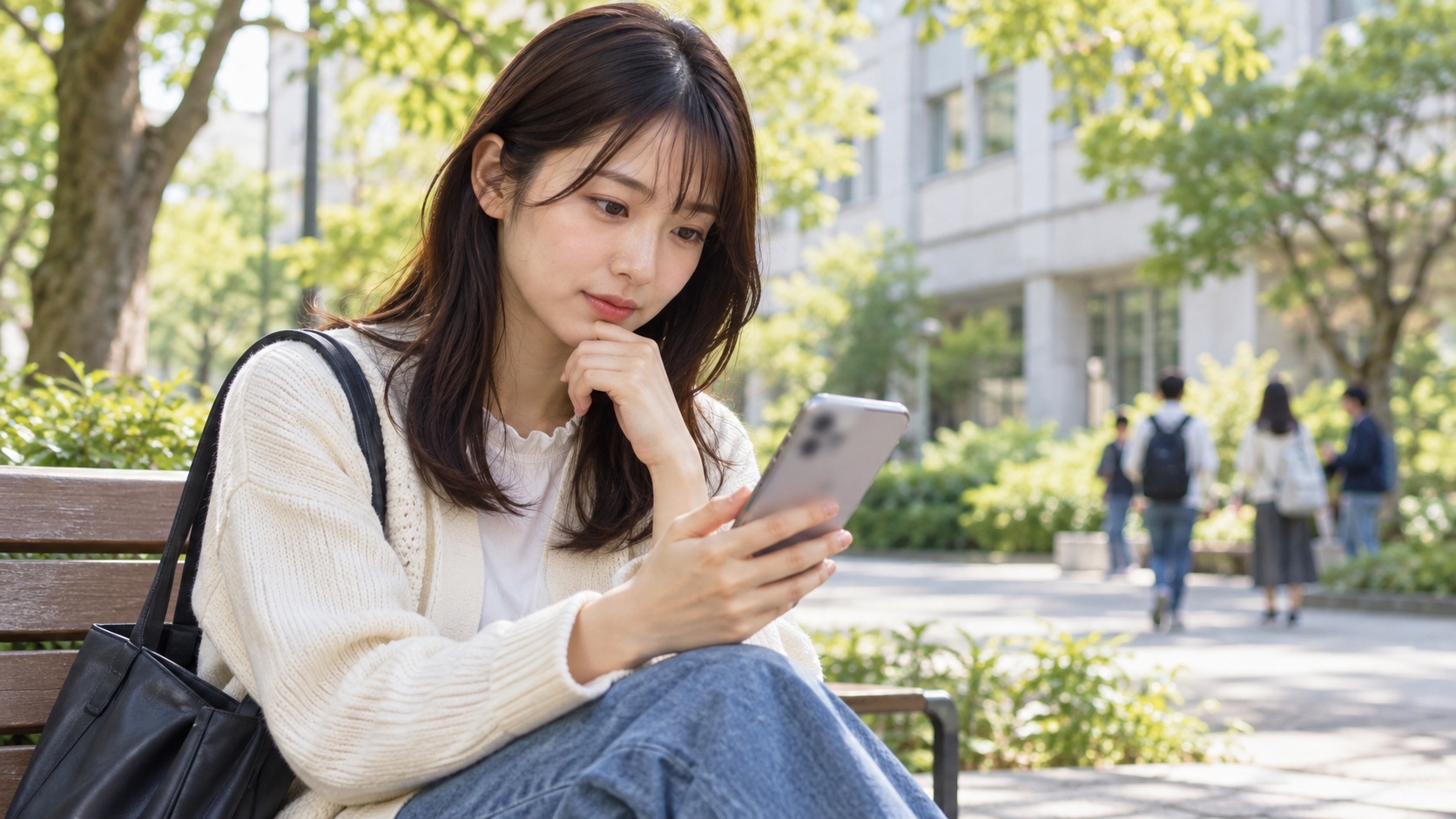 キャンパスでスマートフォンの説明会案内を確認する日本人の大学生