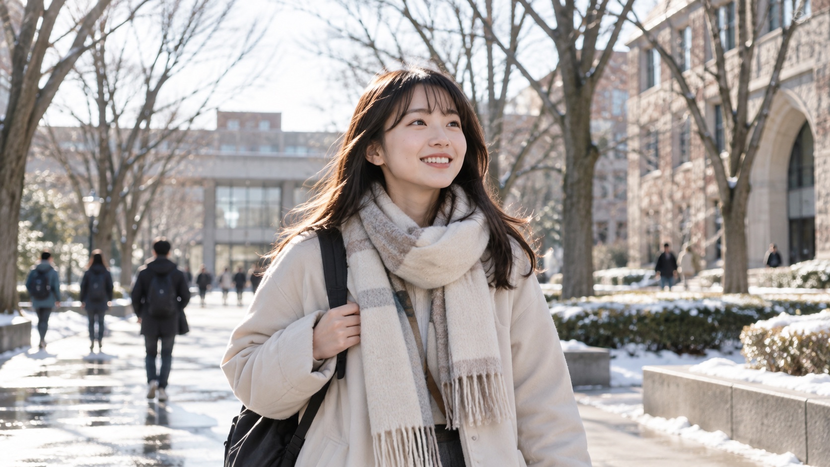 冬のキャンパスを笑顔で歩く日本人の大学生