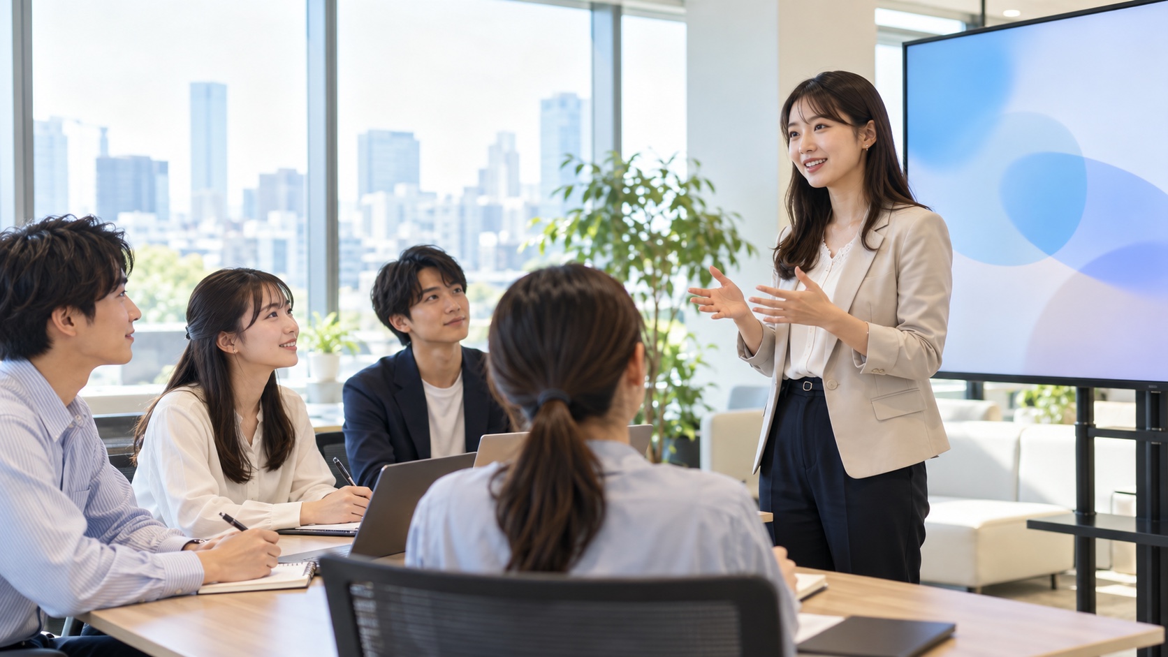 インターンシップで社員の説明を聞く日本人の大学生
