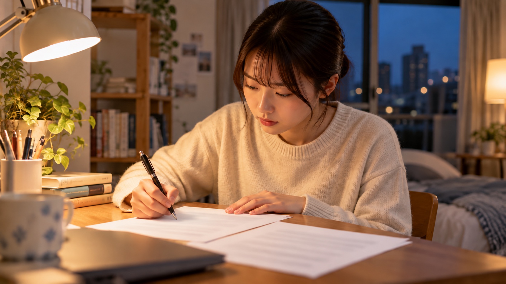 自宅の机でエントリーシートを書く日本人の大学生