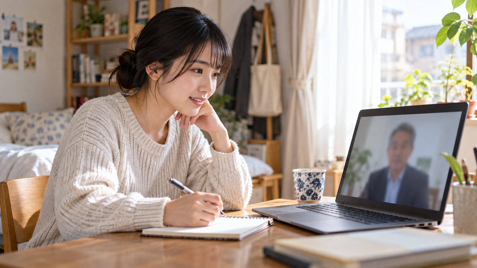 自宅でノートパソコンを使い就活相談をする日本人の大学生