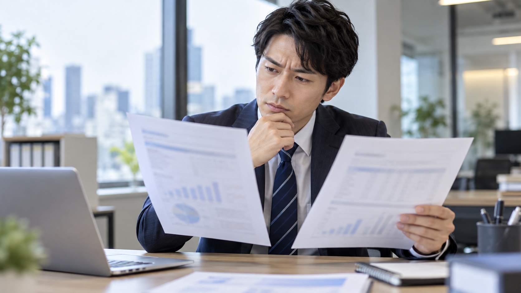 オフィスで書類を見比べる日本人の会社員