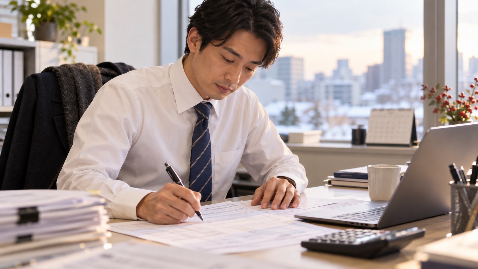 職場で年末調整の書類に記入する日本人の会社員