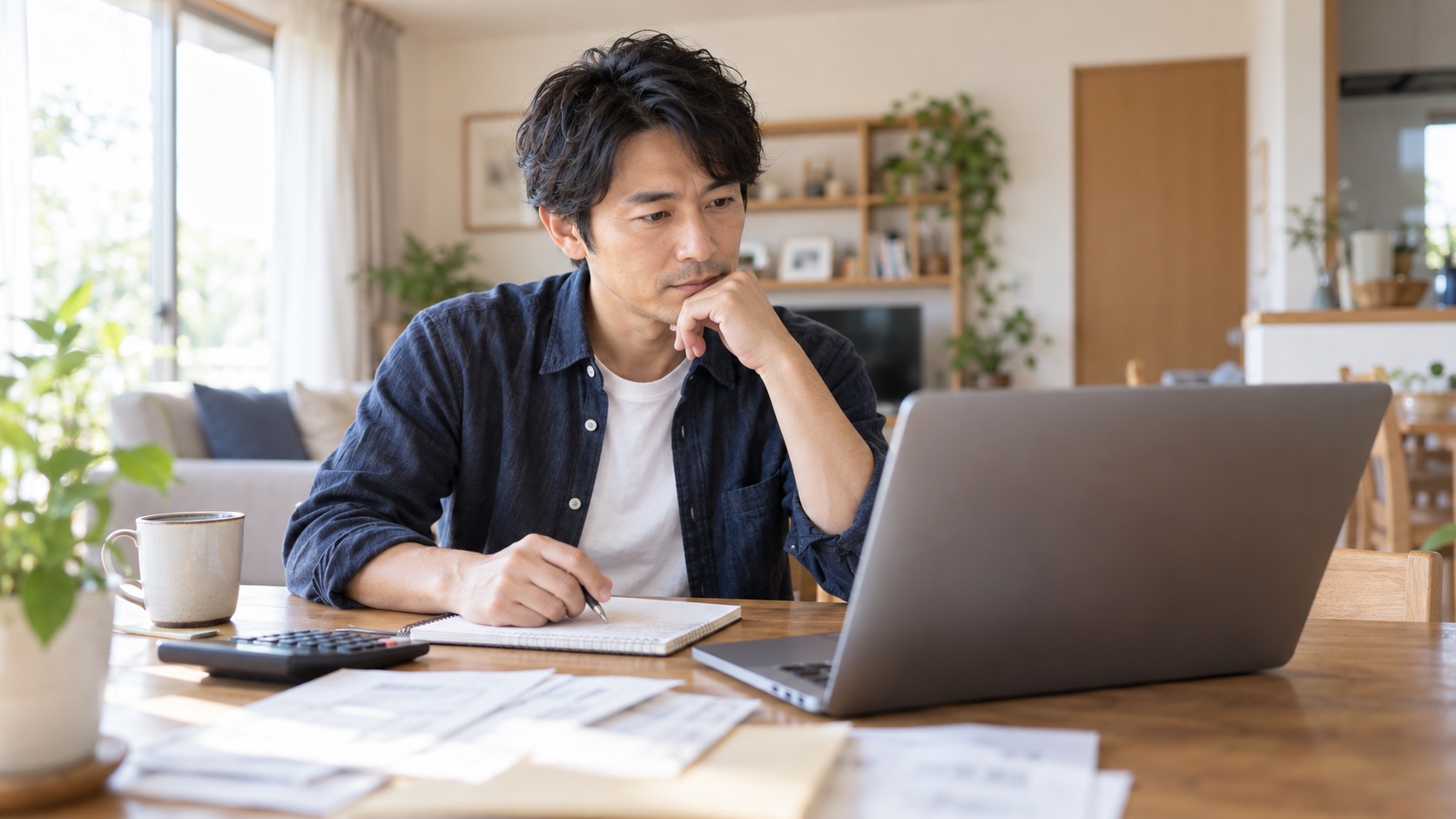 自宅でノートパソコンを使い家計を見直す日本人男性