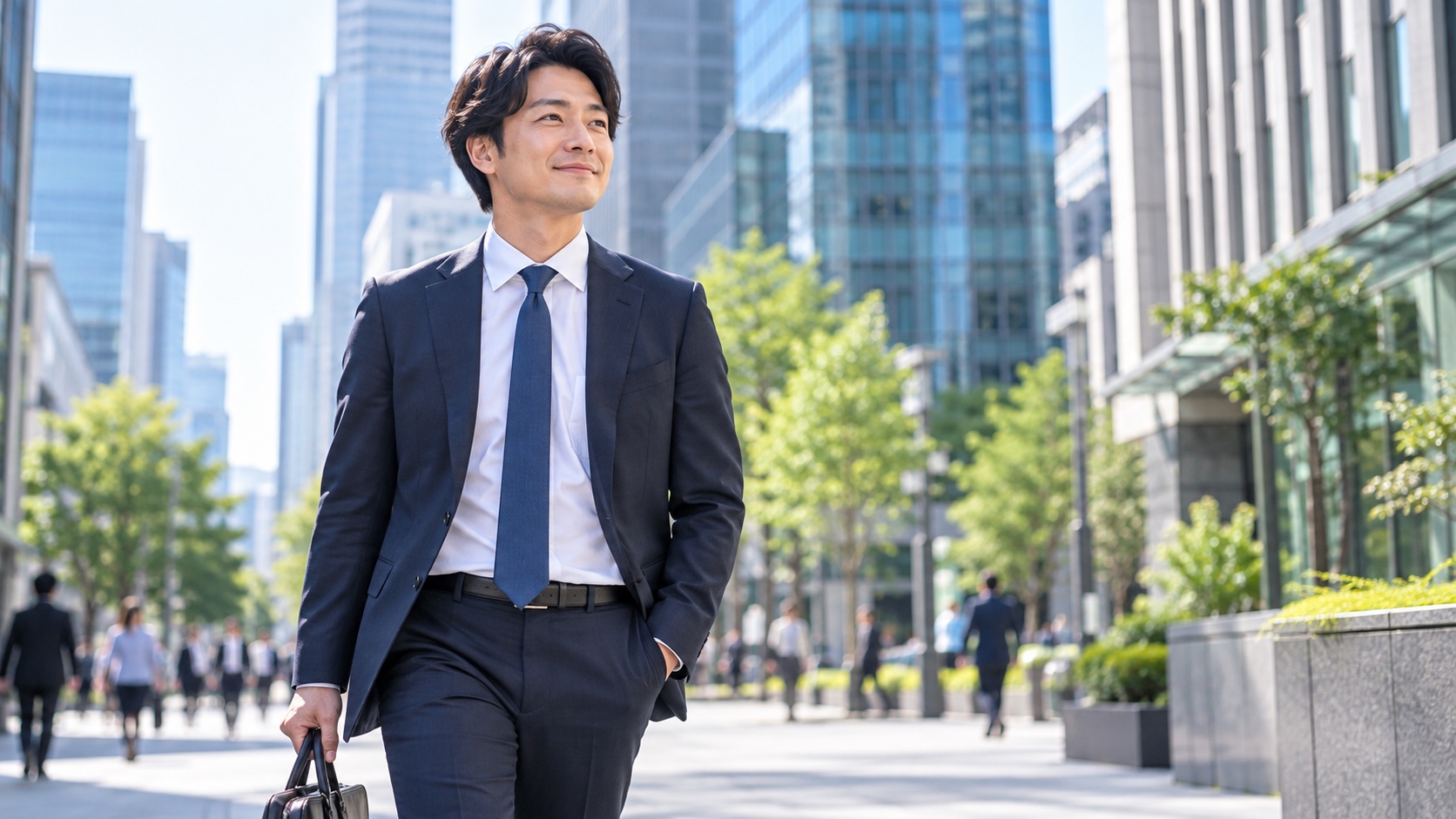 オフィス街を前向きな表情で歩く日本人の会社員