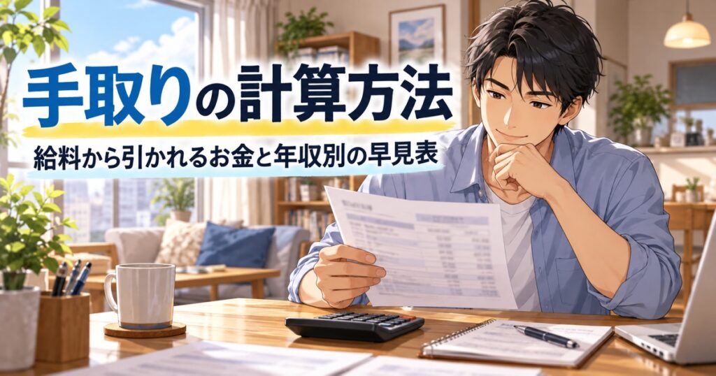 給与明細と電卓を前に手取りを計算する日本人の会社員のイメージ