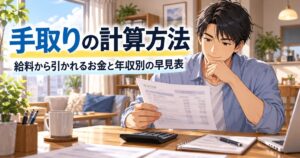 給与明細と電卓を前に手取りを計算する日本人の会社員のイメージ