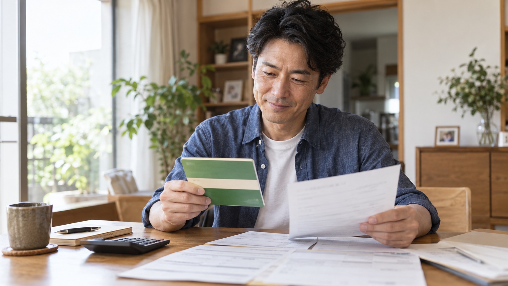 通帳と書類を確認する40代の男性