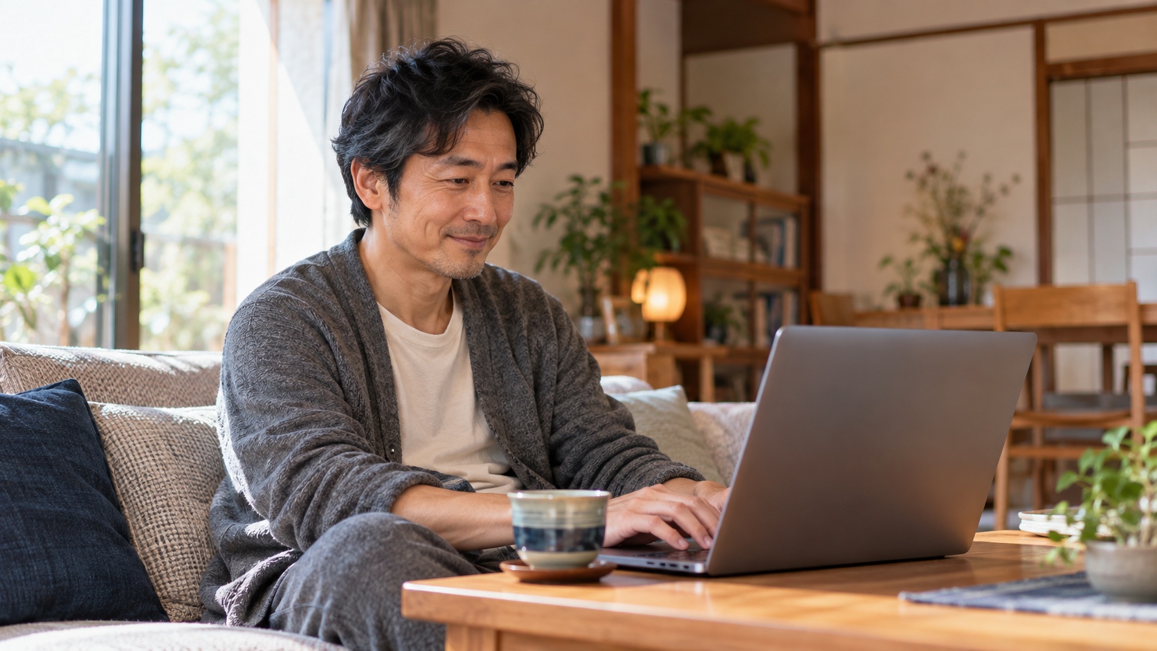 自宅でノートパソコンに向かう男性