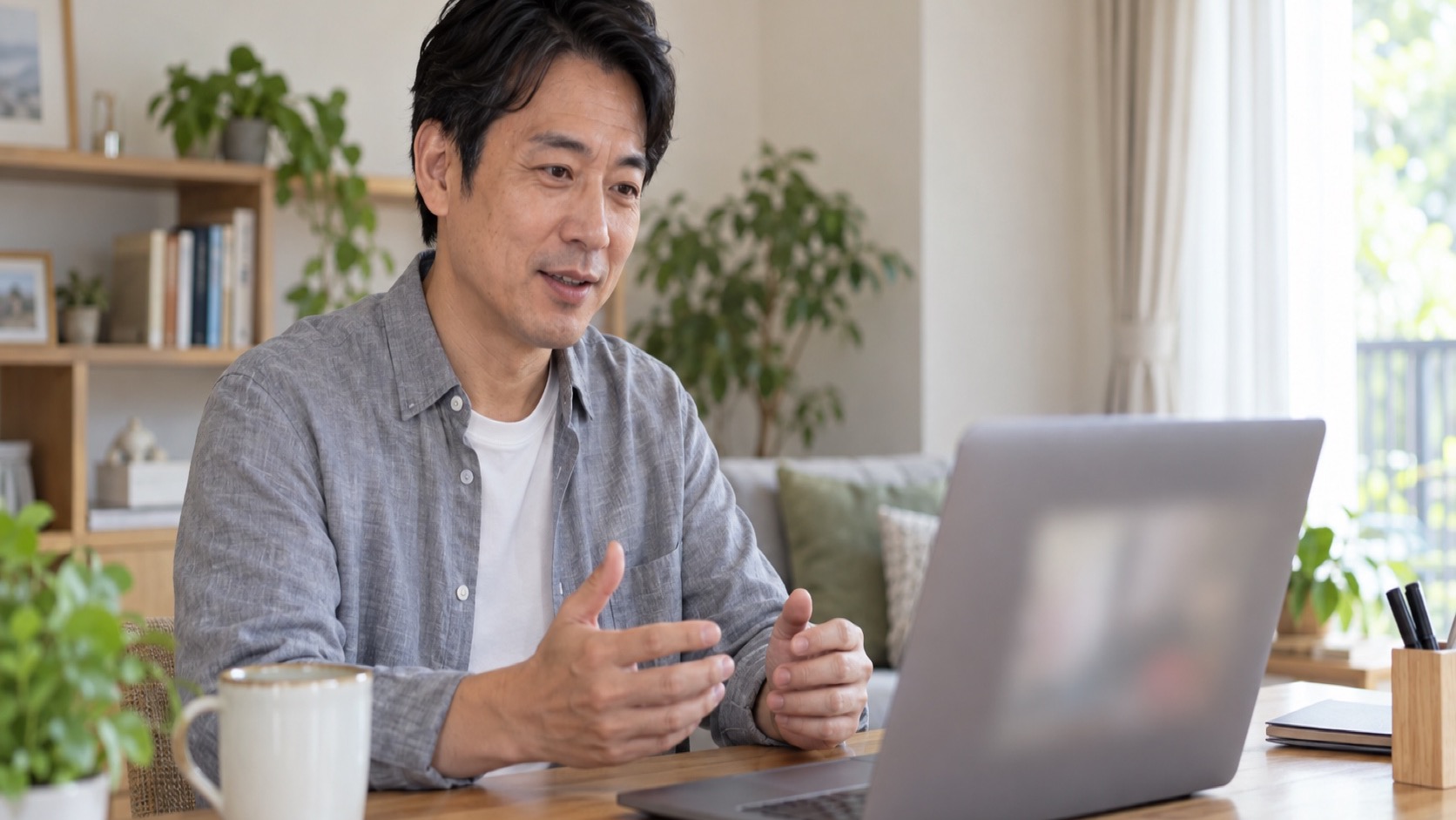 自宅でオンライン診療を受ける40代の日本人男性