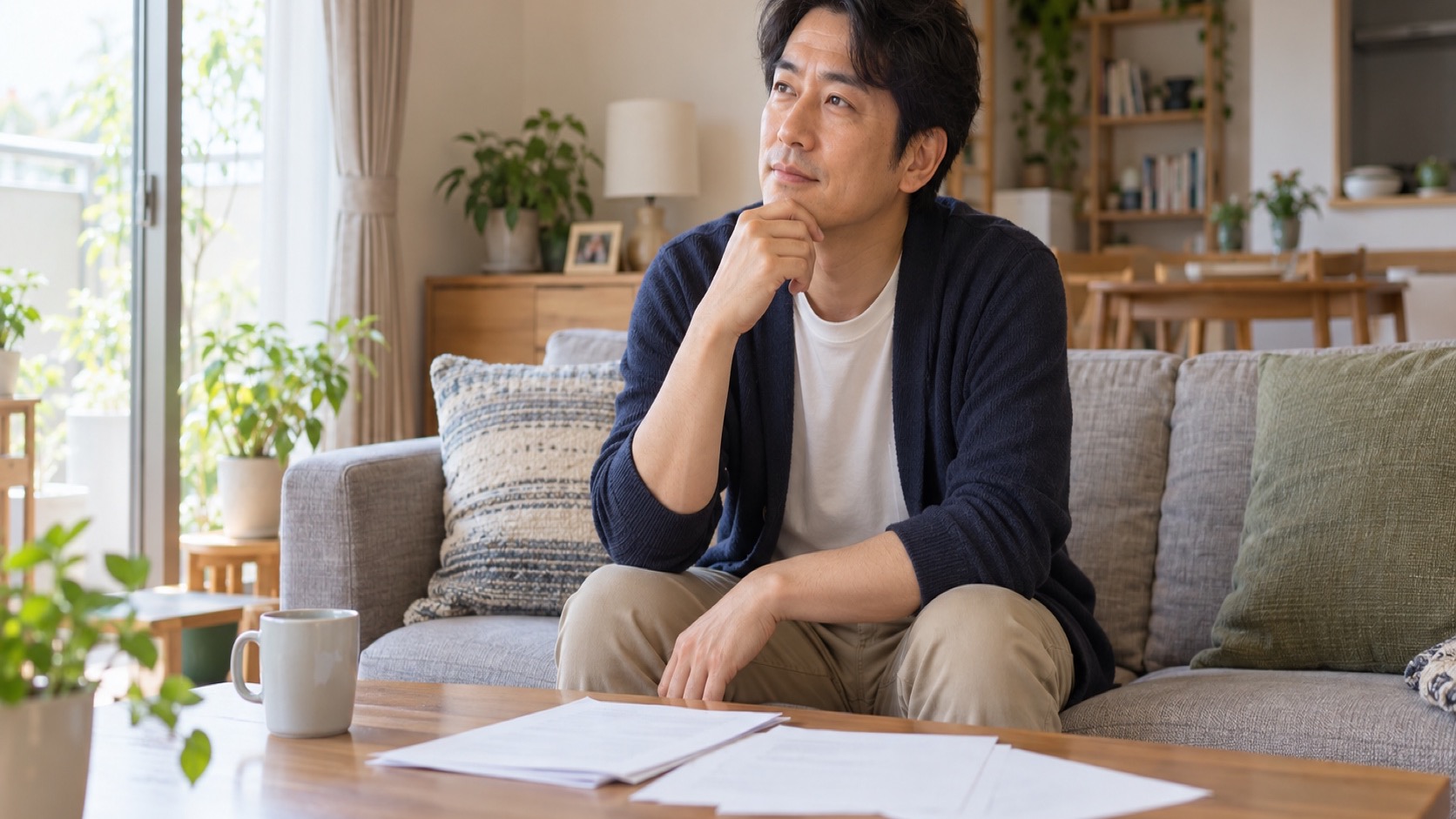 自宅で書類を前に考える40代の日本人男性