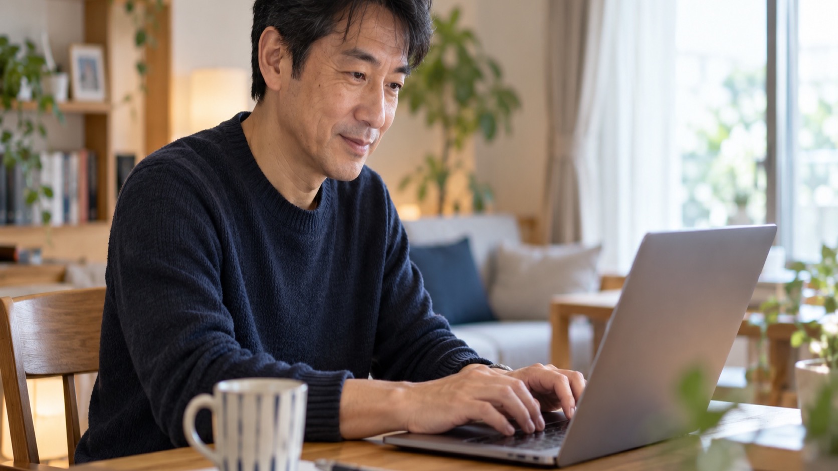 自宅でノートパソコンにメールを入力する手元