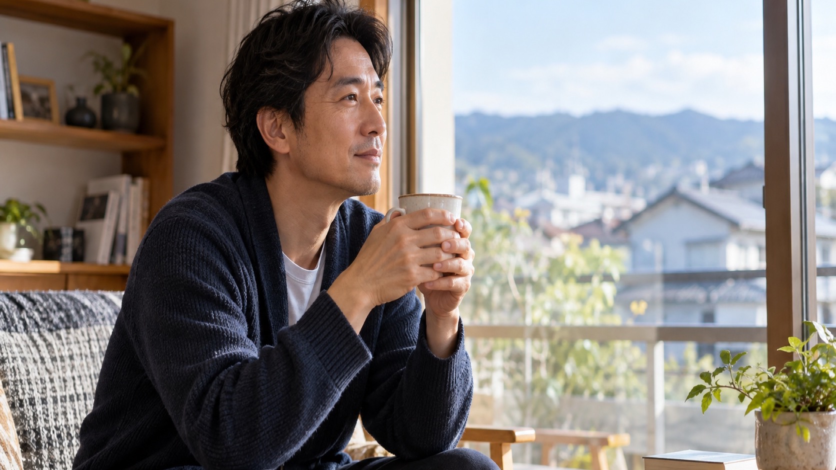 窓辺で温かい飲み物を手に休む40代の日本人男性
