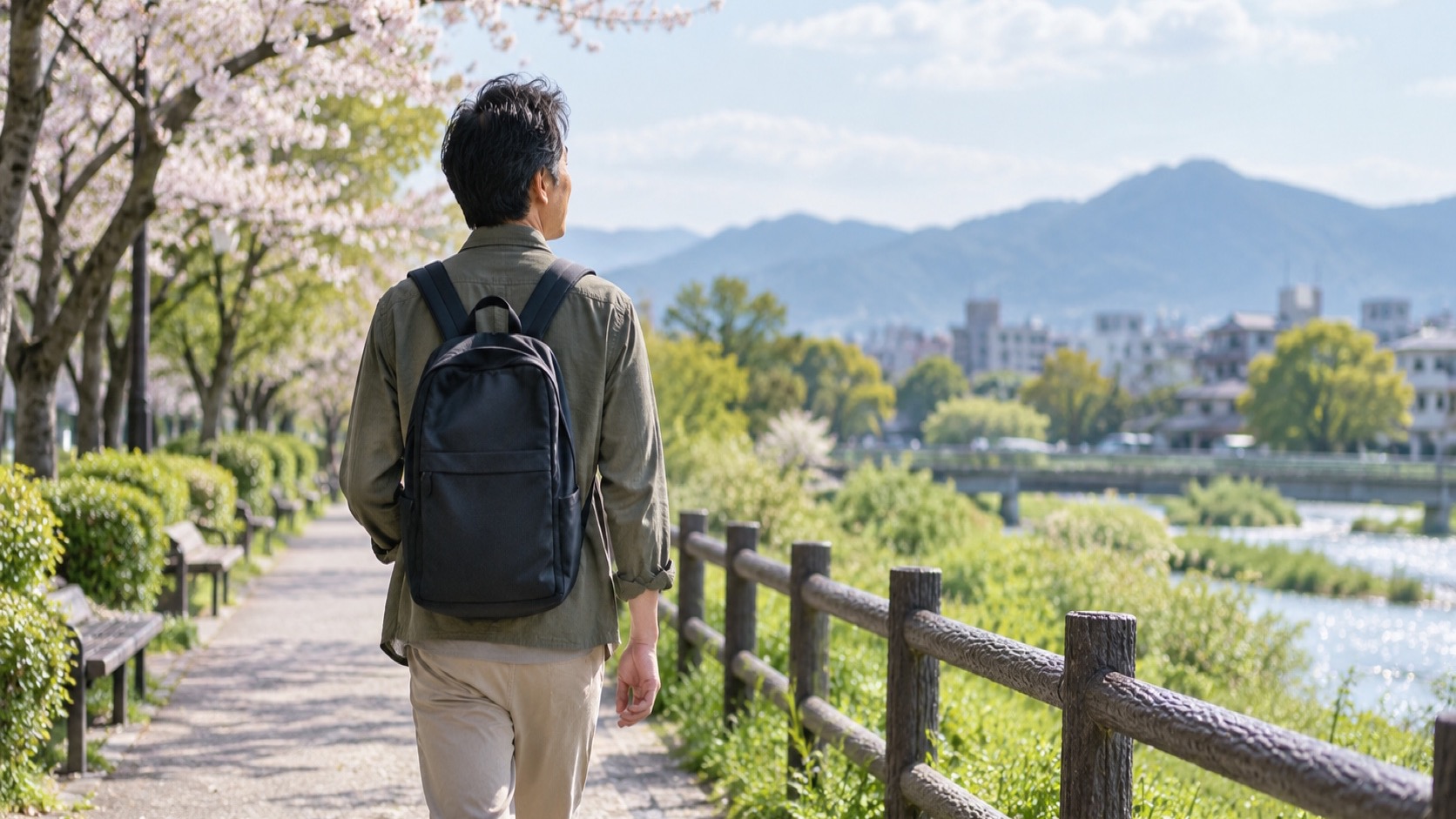 公園を歩く40代の日本人男性の後ろ姿